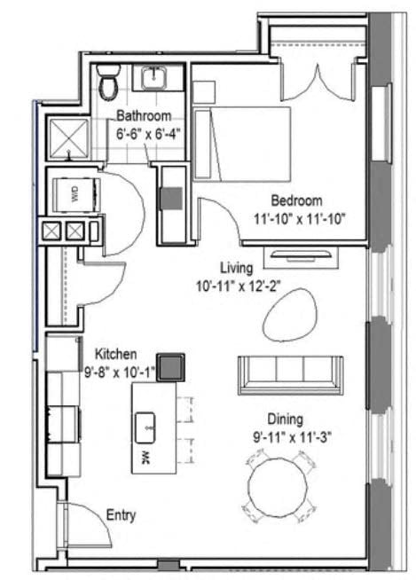 Floor plan for 1 bed, 1 bath, 684 sqft
